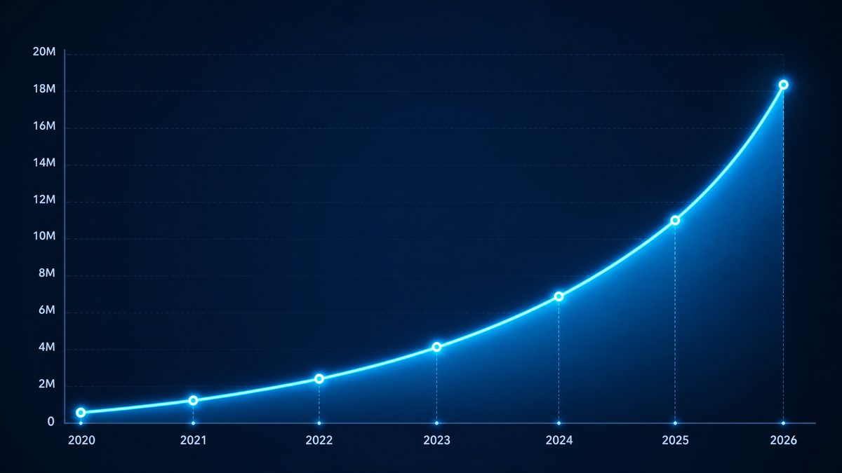 91直播用户增长数据图表,展示2020-2026年注册用户从50万增长至1800万的趋势